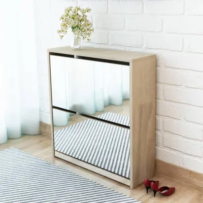 The Living Store Omarica za čevlje 2 nadstropna z ogledalom hrast 63x17x67 cm - Omarica Za Čevlje