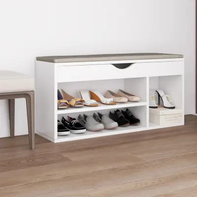 The Living Store Klop za čevlje z blazino bela 104x30x49 cm inženirski les - Klop Za Čevlje