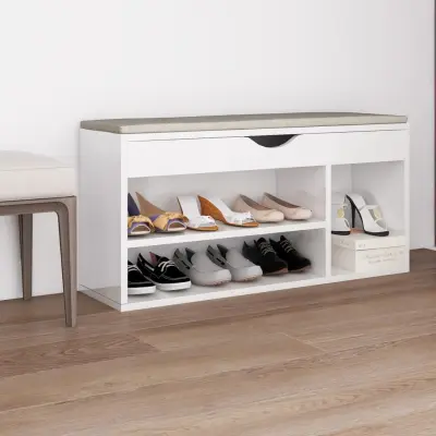 The Living Store Klop za čevlje z blazino visok sijaj bela 104x30x49 cm - Klop Za Čevlje