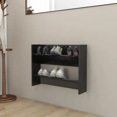 The Living Store Stenska omara za čevlje visok sijaj črna 80x18x60 cm iverna pl. - Stenska Omarica Za Čevlje