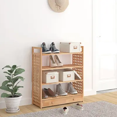 The Living Store Regal za čevlje s predalom 70x27x81 cm trdna orehovina - Regal Za Čevlje