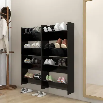 The Living Store Stenske omare za čevlje 4 kosi črne 60x18x60 cm iverna plošča - Stenska Omarica Za Čevlje