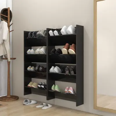 The Living Store Stenske omare za čevlje 4 kosi visok sijaj črne 60x18x80 cm - Stenska Omarica Za Čevlje