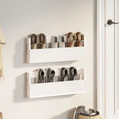 The Living Store Stenski regal za čevlje 2 kosa bel 59x9x23 cm trdna borovina - Stensko Stojalo Za Čevlje
