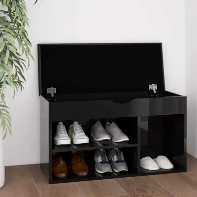 The Living Store Klop za čevlje z blazino visok sijaj črna 80x30x47 cm inž. les - Klop Za Čevlje