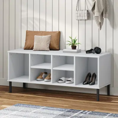 The Living Store Regal za čevlje s kovinskimi nogami bel 106x35x45 cm trden les - Regal Za Čevlje