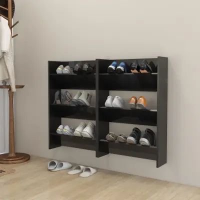 The Living Store Stenska omara za čevlje 2 kosa visok sijaj črna 60x18x90 cm - Stenska Omarica Za Čevlje