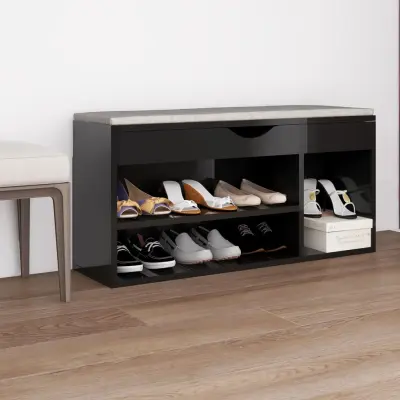 The Living Store Klop za čevlje z blazino visok sijaj črna 104x30x49 cm - Klop Za Čevlje