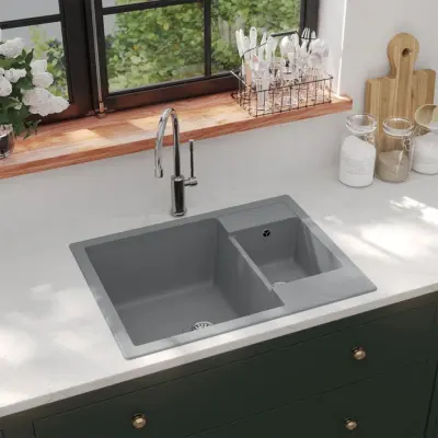 The Living Store Dvojno kuhinjsko pomivalno korito z luknjo siv granit - Kuhinjsko Korito