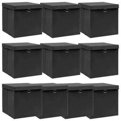 The Living Store Škatle za shranjevanje s pokrovi 10 kos. črne 32x32x32 cm blago - Škatla Za Shranjevanje