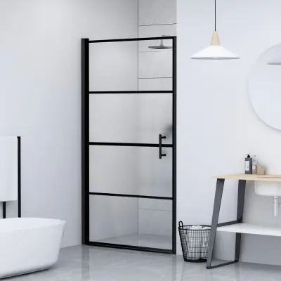 The Living Store Vrata za tuš 91x195 cm delno motno kaljeno steklo črna - Vrata Za Tuš