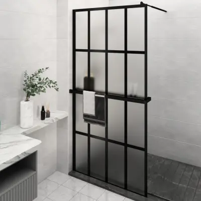 The Living Store Pregrada za tuš s polico črna 118x190 cm ESG steklo in aluminij - Stena Za Tuš
