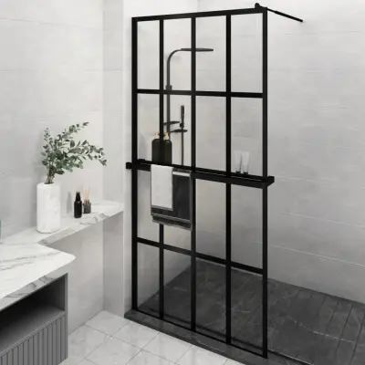 The Living Store Pregrada za tuš s polico črna 118x190 cm ESG steklo in aluminij - Stena Za Tuš