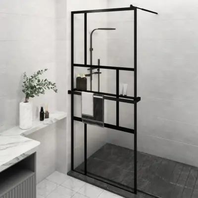 The Living Store Pregrada za tuš s polico črna 90x195 cm ESG steklo in aluminij - Stena Za Tuš