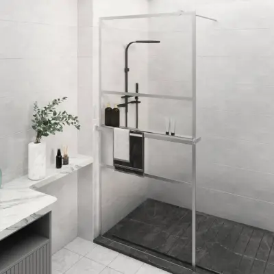The Living Store Pregrada za tuš s polico krom 80x195 cm ESG steklo in aluminij - Stena Za Tuš