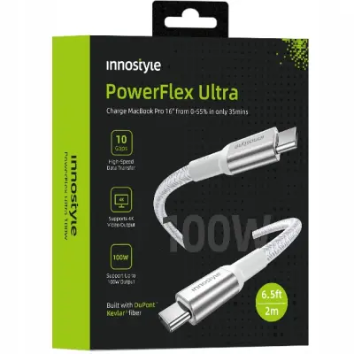 INNOSTYLE POWERFLEX ULTRA KABEL USB-C HITRO POLNJENJE THUNDERBOLT 10GBPS 100W KEVLAR 2M SREBRN