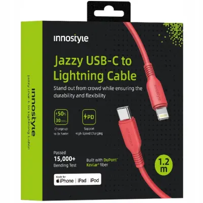 INNOSTYLE JAZZY USB-C LIGHTNING MFI HITRI POLNILNI KABEL ZA IPHONE KEVLAR 1M RDEČ