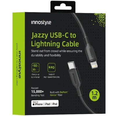 INNOSTYLE JAZZY USB-C LIGHTNING MFI KABEL ZA HITRO POLNJENJE ZA IPHONE KEVLAR 1M ČRN