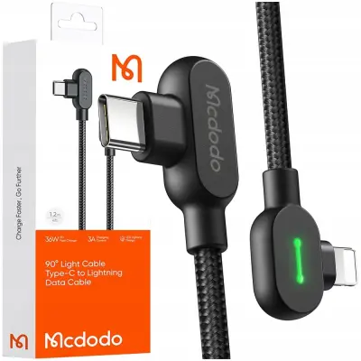MCDODO KOTNI KABEL 90° USB-C LIGHTNING DVOSMERNI ZA IPHONE 13 14 LED 2M