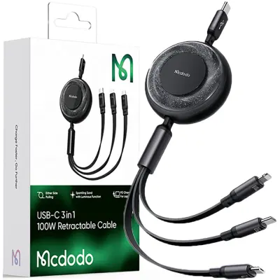 MCDODO KABEL USB-C 3V1 IZVLEČNI HITRO POLNJENJE USB-C STRELA MICRO 100W