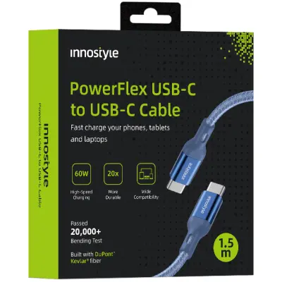 INNOSTYLE POWERFLEX USB-C KABEL ZA HITRO POLNJENJE ZA IPHONE SAMSUNG 3A 60W KEVLAR 2M MODRA