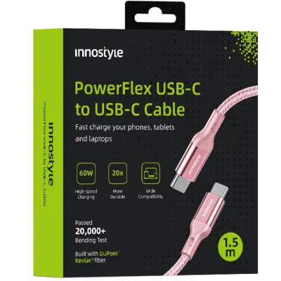 INNOSTYLE POWERFLEX USB-C KABEL ZA HITRO POLNJENJE ZA IPHONE SAMSUNG 3A 60W KEVLAR 2M ROZA