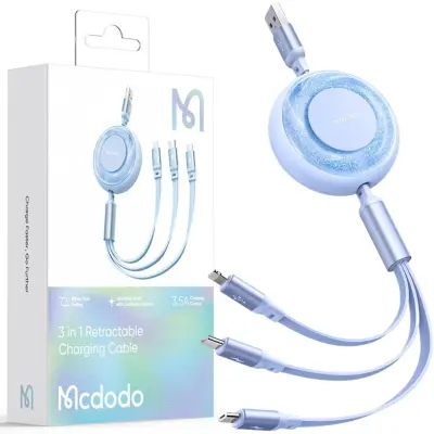 MCDODO 3V1 IZVLEČNI USB KABEL USB-C LIGHTNING MICRO USB SVETLEČE MODRA