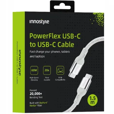 INNOSTYLE POWERFLEX USB-C KABEL ZA HITRO POLNJENJE ZA IPHONE SAMSUNG 3A 60W KEVLAR 2M SREBRN
