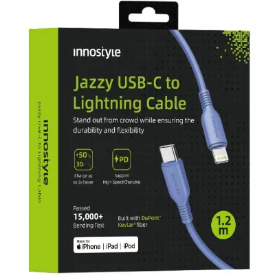 INNOSTYLE JAZZY USB-C LIGHTNING MFI HITRI POLNILNI KABEL ZA IPHONE KEVLAR 1M MODRI