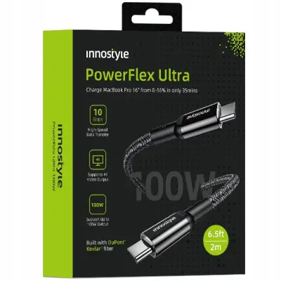 INNOSTYLE POWERFLEX ULTRA KABEL USB-C HITRO POLNJENJE THUNDERBOLT 10GBPS 100W KEVLAR 2M ČRNA