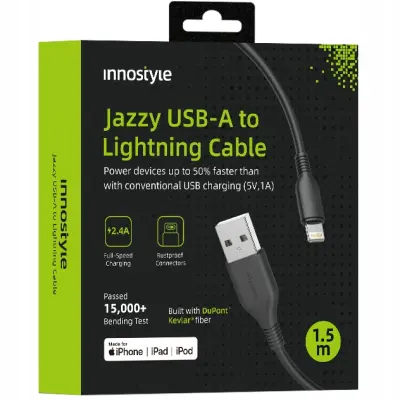 INNOSTYLE JAZZY USB LIGHTNING MFI KABEL ZA HITRO POLNJENJE ZA IPHONE KEVLAR 2M ČRN