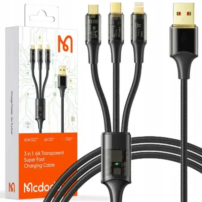 MCDODO 3V1 USB KABEL ZA HITRO POLNJENJE USB-C LIGHTNING MICRO USB 6A 100W 1M