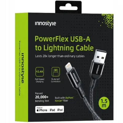 INNOSTYLE POWERFLEX USB LIGHTNING MFI KABEL ZA HITRO POLNJENJE ZA IPHONE KEVLAR 2M ČRN