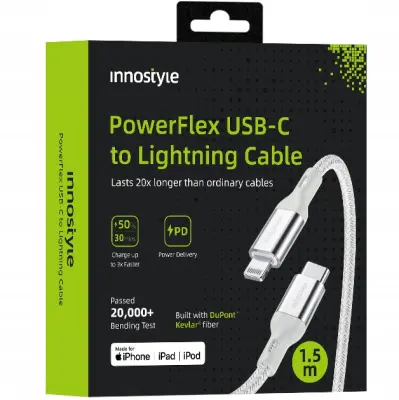 INNOSTYLE POWERFLEX USB-C LIGHTNING MFI KABEL ZA HITRO POLNJENJE ZA IPHONE KEVLAR 2M SREBRN