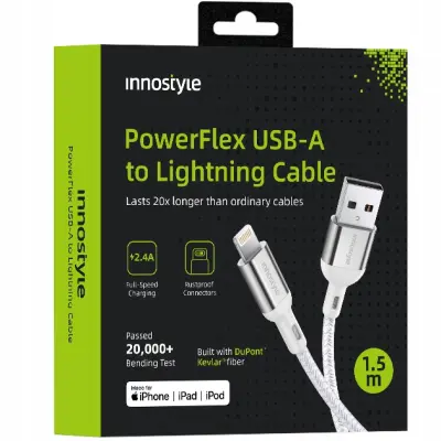 INNOSTYLE POWERFLEX USB LIGHTNING MFI KABEL ZA HITRO POLNJENJE ZA IPHONE KEVLAR 2M SREBRN