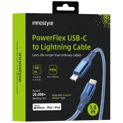 INNOSTYLE POWERFLEX USB-C LIGHTNING MFI KABEL ZA HITRO POLNJENJE ZA IPHONE KEVLAR 2M MODRI