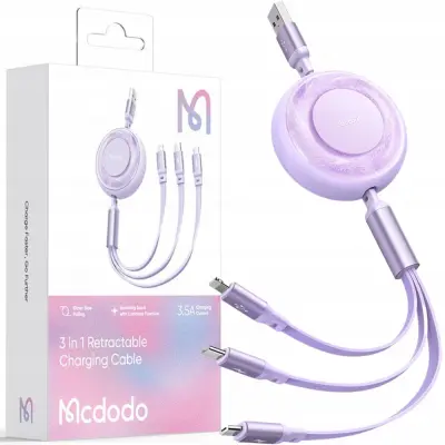 MCDODO 3V1 IZVLEČNI USB KABEL USB-C LIGHTNING MICRO USB SVETLEČE VIJOLIČNE BARVE