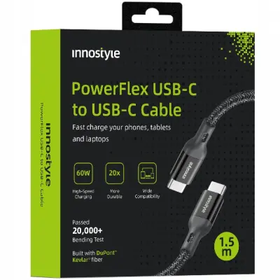 INNOSTYLE POWERFLEX USB-C KABEL ZA HITRO POLNJENJE ZA IPHONE SAMSUNG 3A 60W KEVLAR 2M ČRN