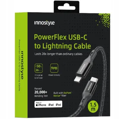 INNOSTYLE POWERFLEX USB-C LIGHTNING MFI KABEL ZA HITRO POLNJENJE ZA IPHONE KEVLAR 2M ČRN