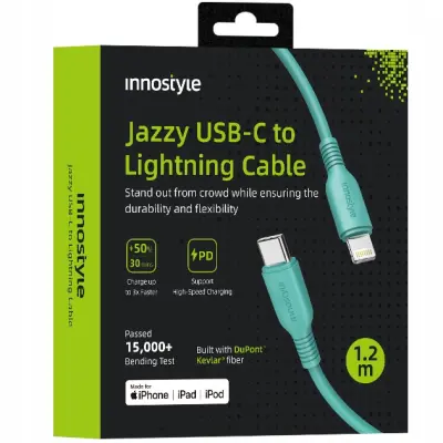 INNOSTYLE JAZZY USB-C LIGHTNING MFI HITRI POLNILNI KABEL ZA IPHONE KEVLAR 1M ZELEN