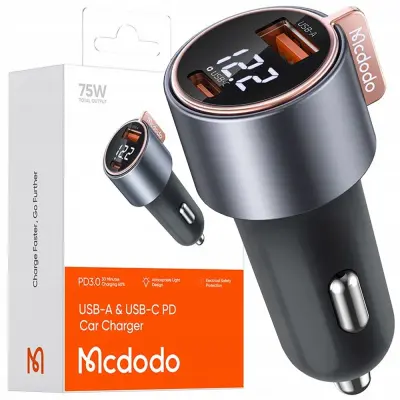 MCDODO MOČAN HITER AVTOMOBILSKI POLNILEC Z MERILNIKOM 2X USB USB-C 75W LED
