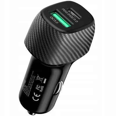 INNOSTYLE POWER ON ZMOGLJIV HITRI AVTOMOBILSKI POLNILEC ZA TELEFON 2X USB USB-C 38W ČRN
