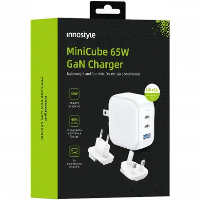 INNOSTYLE MINI CUBE ZMOGLJIV HITRI POLNILEC GAN TRAVEL EU US UK AU 3X USB USB-C 65W BELA