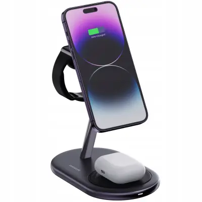 INNOSTYLE MAGSTATION 3-V-1 INDUKCIJSKI POLNILEC ZA MAGSAFE IPHONE AIRPODS WATCH POLNILNA POSTAJA ČRNA