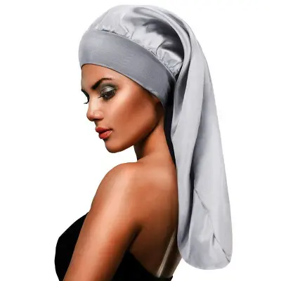 Satenska kapa za dolge lase, kapa za spanje s širokim robom za nego las Silver