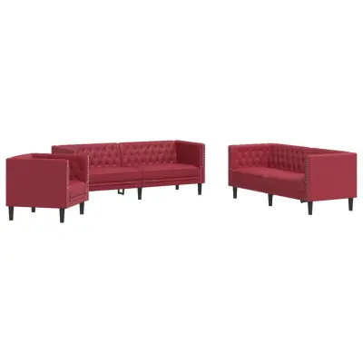 vidaXL vidaXL Komplet Chesterfield kavčev 3-delna rdeče umetno usnje