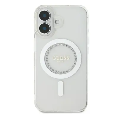 Guess, Zaš?itni ovitek za iPhone 16 Strass Ring MagSafe, Bela