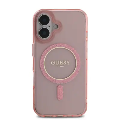 Guess, Ohišje za iPhone 16 MagSafe z bleš?e?im krogom, Roza