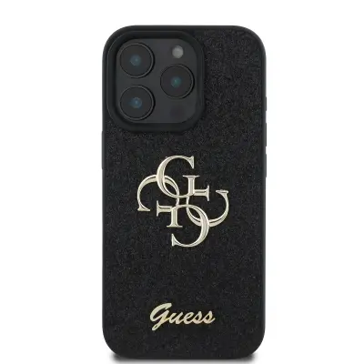 Guess, Ohišje za iPhone 16 Pro z bleš?icami in kovinskim logotipom, ?rna