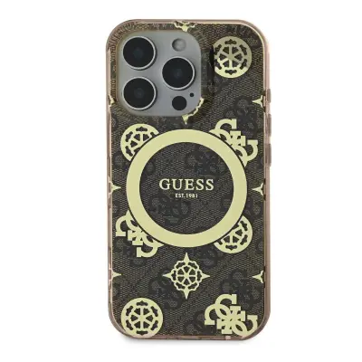 Guess, Hrbtni ovitek za iPhone 16 Pro z vzorcem pivonke 4G MagSafe, Rjava